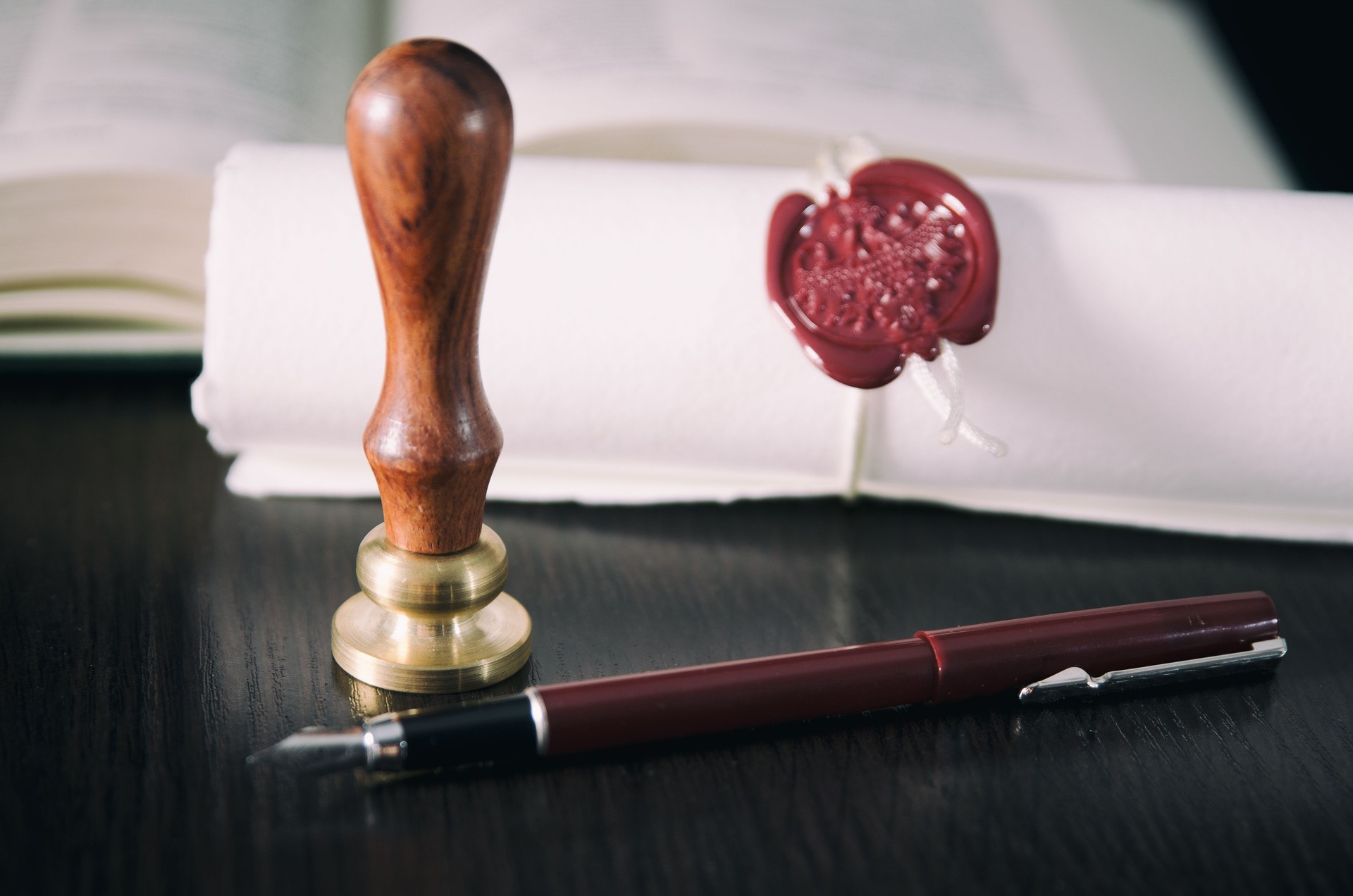 Notary public, attorney. Law concept with stamp in courtroom